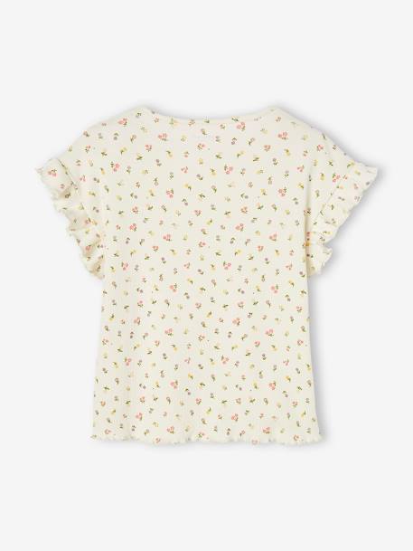 Camiseta de canalé con estampado de flores para niña crudo+tinta 