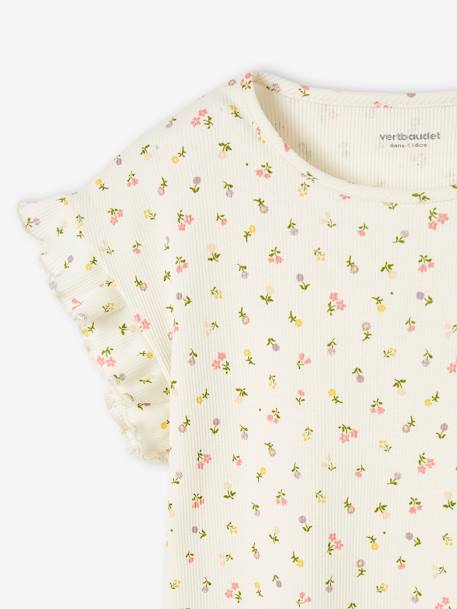 Camiseta de canalé con estampado de flores para niña crudo+tinta 
