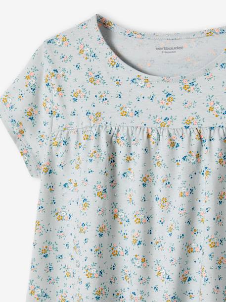 Camiseta estilo blusa con flores, para niña azul claro+crudo 