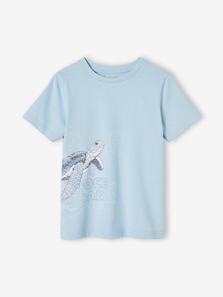 Camiseta animal de algodón orgánico para niño azul claro+verde sauce 