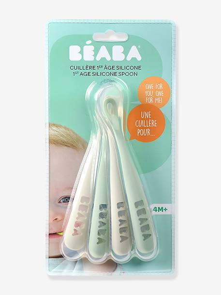 4 Cucharas para bebé 1ª edad BEABA Soft sin BPA AZUL CLARO LISO CON MOTIVOS+Azul/gris/ocre+verde sauce 