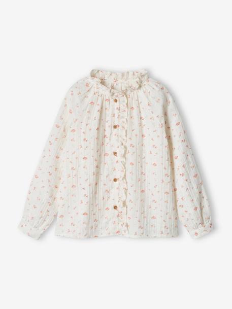 Camisa con volantes de gasa de algodón y estampado de flores para niña, personalizable crudo+teja+verde agua 