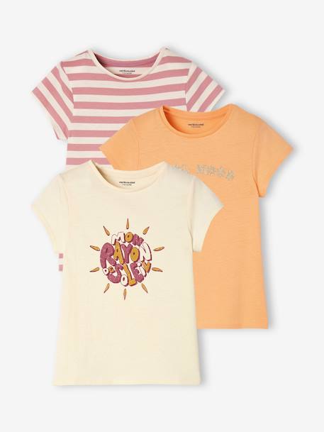 Pack de 3 camisetas surtidas con detalles irisados, para niña albaricoque maquillaje+AZUL OSCURO LISO CON MOTIVOS+MARRON CLARO LISO CON MOTIVOS+rosa frambuesa 