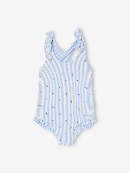 Bañador reversible vichy/rayas y flores para bebé niña azul claro 