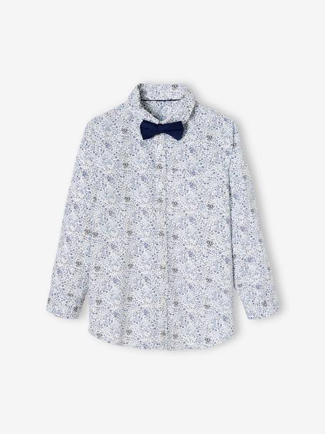 Camisa de flores y pajarita, para niño azul estampado+verde estampado 