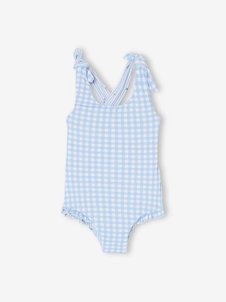 Bañador reversible vichy/rayas y flores para bebé niña azul claro 