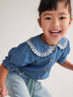 Niña-Camisas y Blusas-Camisa vaquera de manga corta con cuello Peter Pan para niña