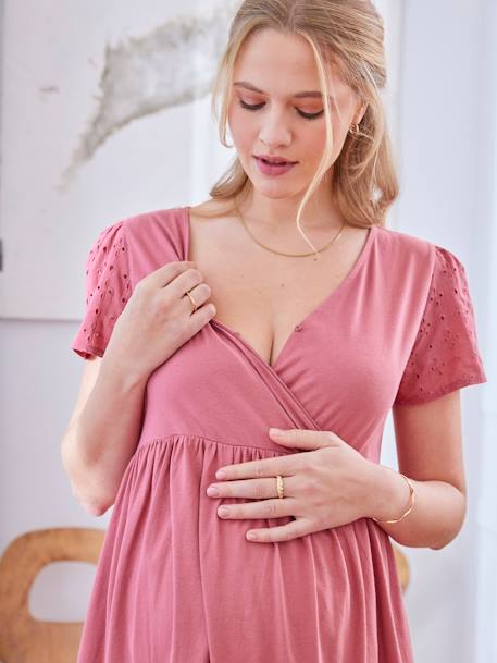 Vestido cruzado de dos tejidos para embarazo y lactancia rosa viejo 