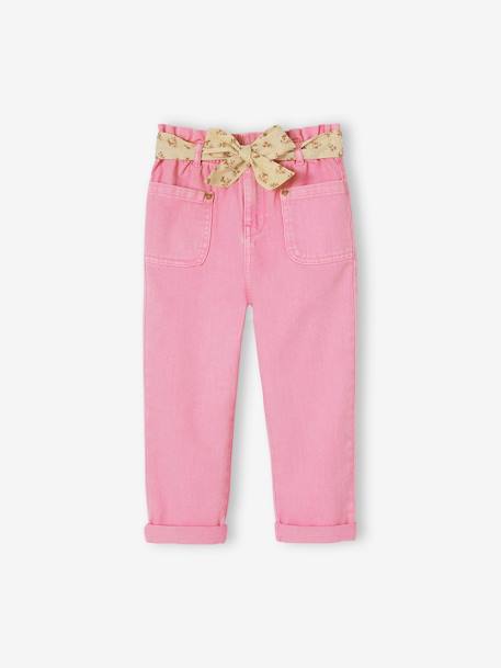 Pantalón pesquero «paperbag» con cinturón de flores para niña azul claro+rosa 