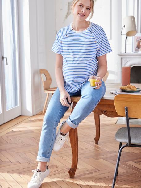 Camiseta marinera para embarazo y lactancia azul océano+caramelo 