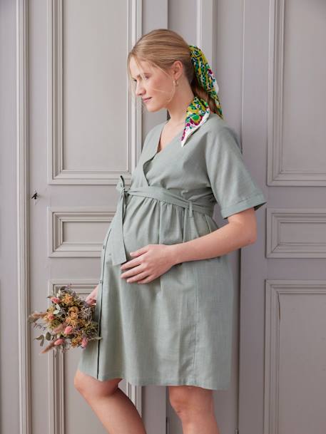 Vestido corto cruzado para embarazo y lactancia verde sauce 