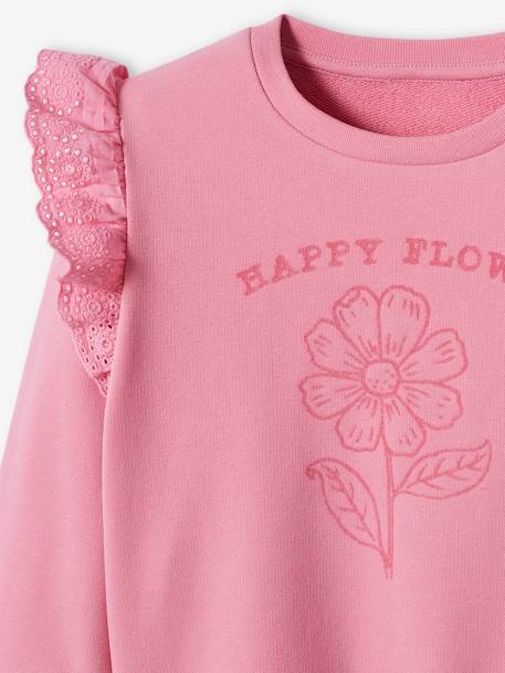 Sudadera con motivo flocado de flores y con volante de bordado inglés para niña rosa chicle 
