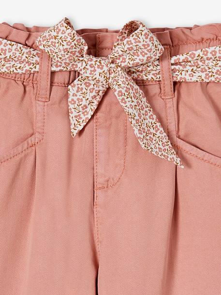 Pantalón paperbag con cinturón fular estampado, para niña rosado 