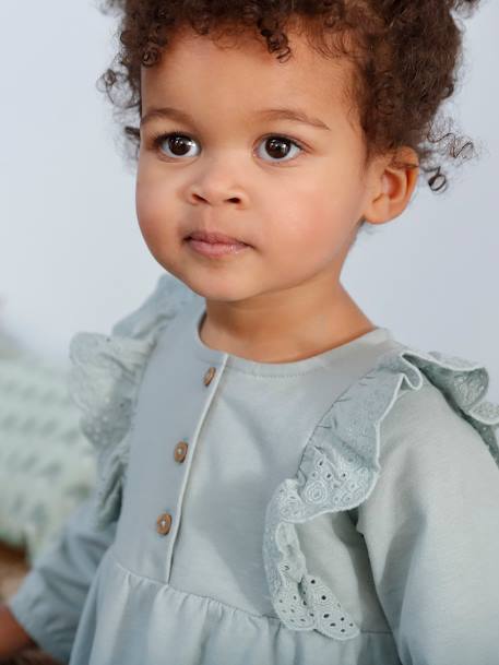 Vestido de felpa con volantes de bordado inglés para bebé azul grisáceo+caramelo 