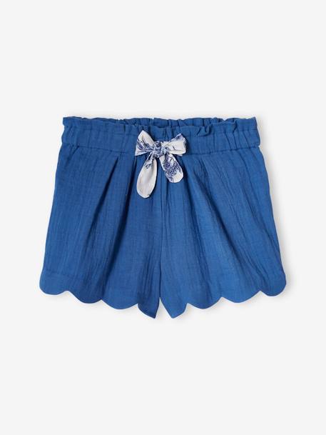 Short de gasa de algodón con acabados en escama, para niña azul+azul estampado+coral+nude 