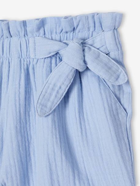 Short de gasa de algodón estilo 'paperbag' niña azul pálido+coral+vainilla+verde almendra 