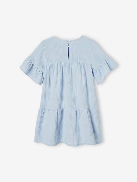 Vestido de gasa de algodón para niña azul claro+rosa frambuesa 