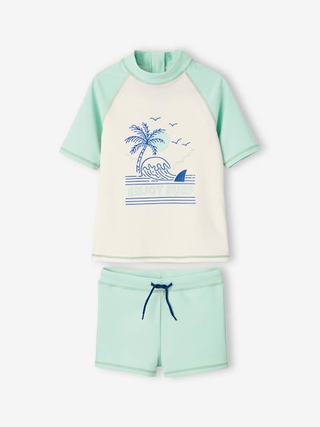 Conjunto de bañador anti-UV para niño - Camiseta + bóxer verde agua 