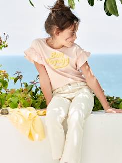 Niña-Camiseta con mensaje de tinta en relieve y manga corta con volantes, para niña