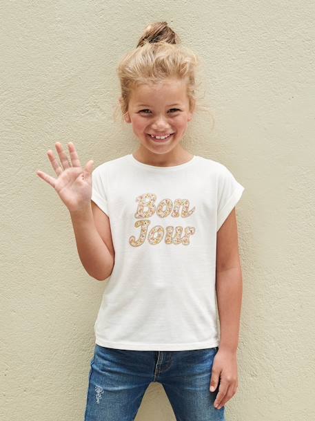 Camiseta con motivo de flores para niña amarillo pálido+azul claro+crudo 