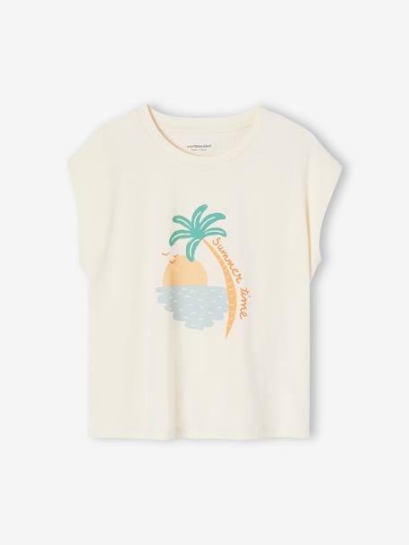 Camiseta con motivo de verano y mangas hasta los hombros para niña crudo+rosa chicle 