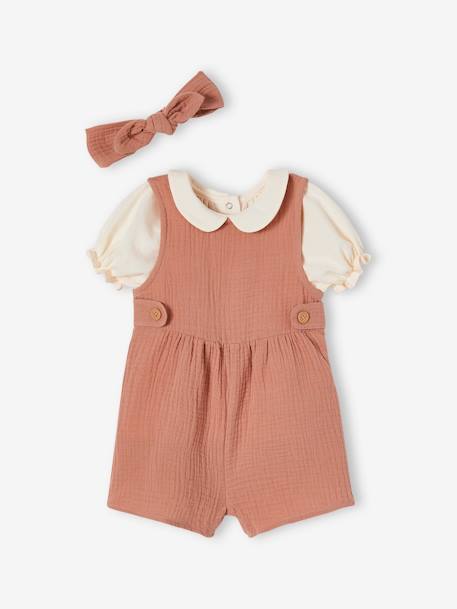 Conjunto personalizable de 3 prendas para bebé - camiseta, mono y cinta del pelo rosa viejo+verde sauce 