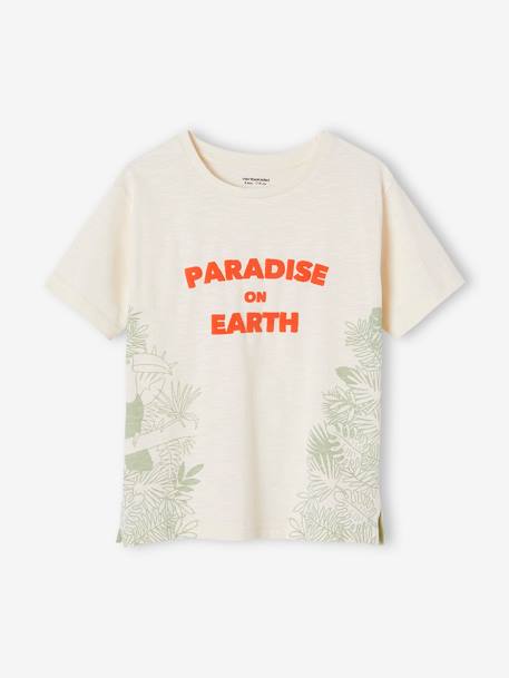 Camiseta con motivos exóticos y texto de tinta con relieve para niño crudo 