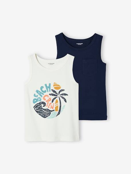 Pack de 2 camisetas de tirantes con la temática de palmeras para niño lote blanco+lote verde 
