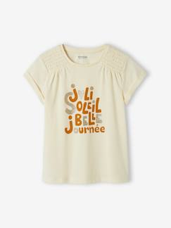 camisetas-Niña-Camiseta con texto irisado y hombros con smocks para niña