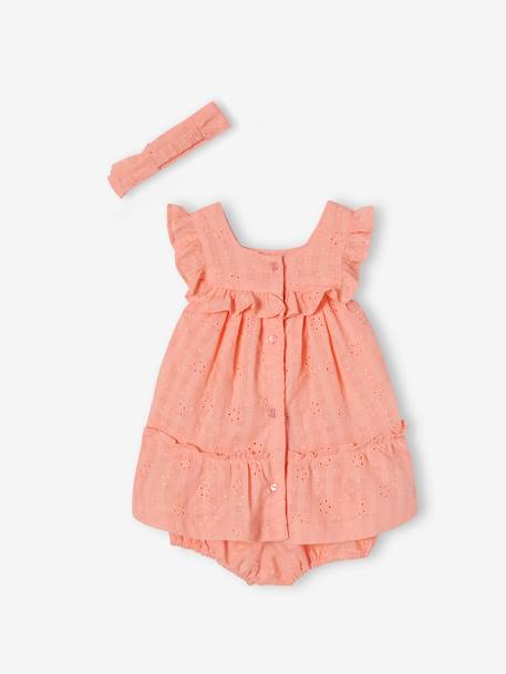 Conjunto de bordado inglés para bebé: vestido, pantalón bombacho y cinta del pelo coral 