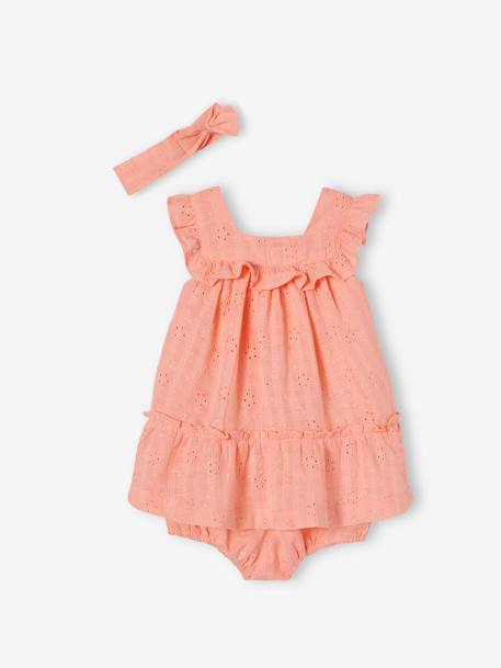 Conjunto de bordado inglés para bebé: vestido, pantalón bombacho y cinta del pelo
