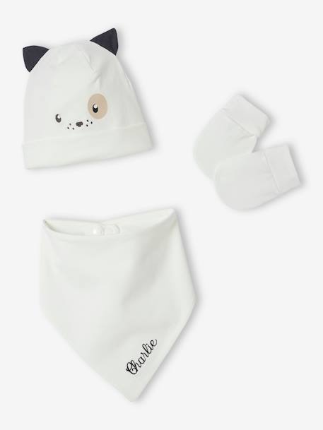 Conjunto, personalizable, de gorro «Perro» + manoplas + fular de punto con estampado para bebé blanco 