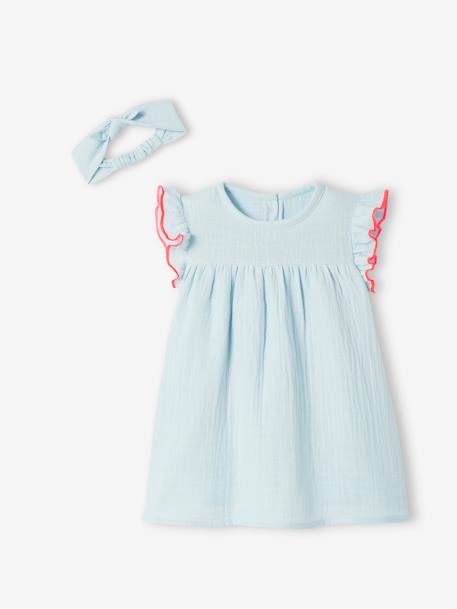 Vestido para bebé con cinta del pelo en forma de lazo azul claro 