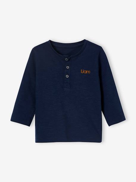 Camiseta personalizable, con cuello tunecino y manga larga bebé niño AZUL FUERTE LISO+BEIGE CLARO LISO+melocotón 