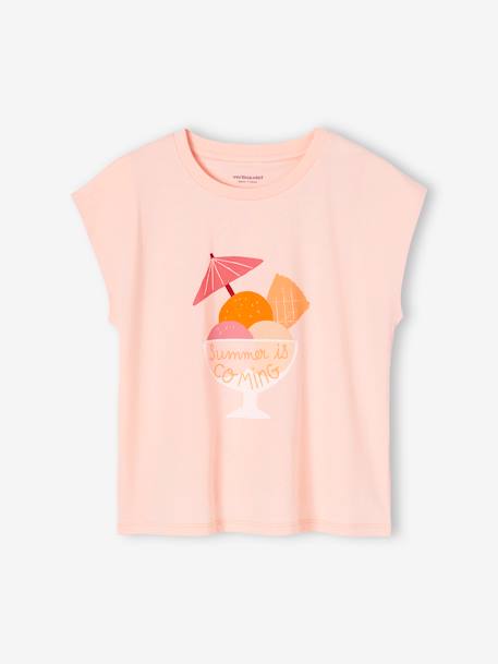 Camiseta con motivo de verano y mangas hasta los hombros para niña crudo+rosa chicle 