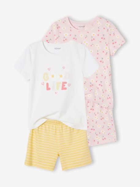 Pack de 2 pijamas con short con estampado de flores y cerezas para niña - Basics amarillo pálido 