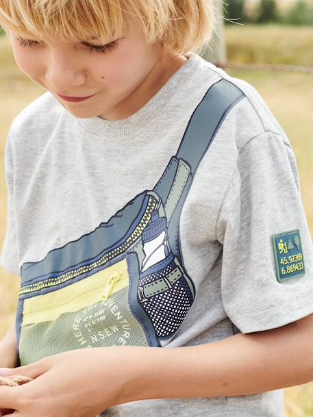 Camiseta con motivo de riñonera, efecto óptico y bolsillo con cremallera para niño gris jaspeado 