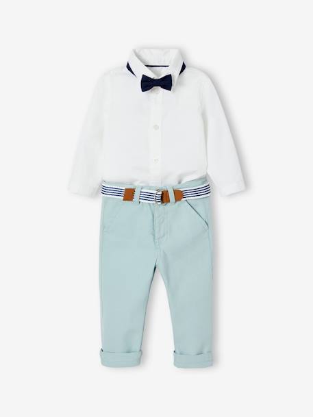 Conjunto de fiesta para bebé: pantalón con cinturón, camisa y pajarita blanco 