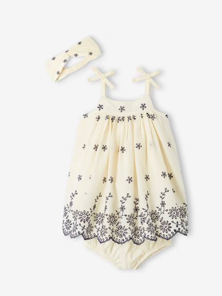 Conjunto para bebé: vestido bordado, pantalón bombacho y cinta del pelo a juego crudo 
