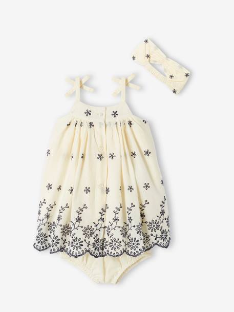 Conjunto para bebé: vestido bordado, pantalón bombacho y cinta del pelo a juego crudo 