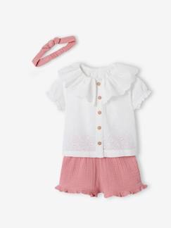 -Conjunto de 3 prendas para bebé - blusa bordada, short de gasa de algodón y cinta del pelo a juego