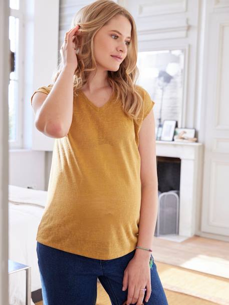 Camiseta de lino y algodón con cuello de pico para embarazo azafrán 