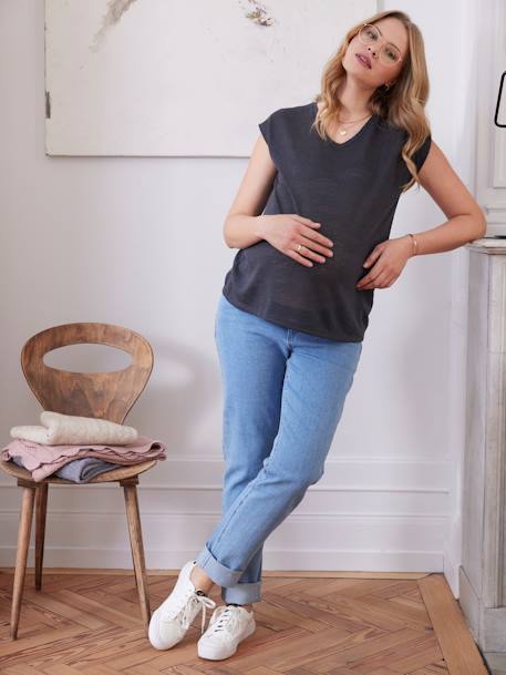 Camiseta de lino y algodón con cuello de pico para embarazo azafrán+gris oscuro 