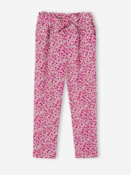 Pantalón pesquero vaporoso con estampado de flores, para niña crudo+rosa+verde 