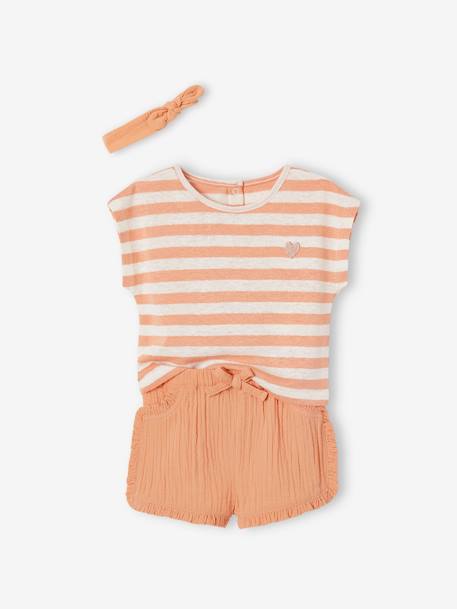 Conjunto para bebé: short, camiseta a rayas y cinta del pelo naranja 