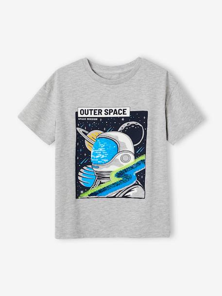 Camiseta de lentejuelas con motivo de astronauta para niño azul marino+gris jaspeado 