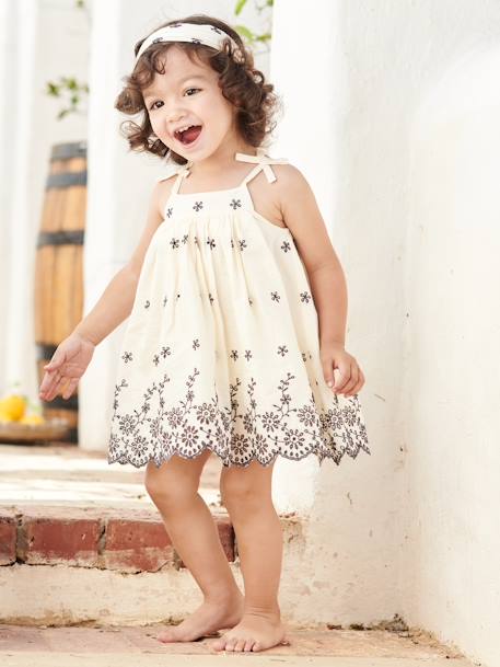 Conjuntos-Bebé-Vestidos, faldas-Conjunto para bebé: vestido bordado, pantalón bombacho y cinta del pelo a juego