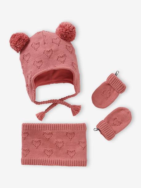 Bebé-Accesorios-Gorros, bufandas, guantes-Conjunto para bebé niña de gorro + snood + manoplas con corazones
