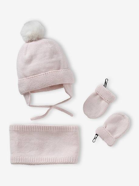 Conjunto para bebé niña: gorro + snood + manoplas rosa rosa pálido 