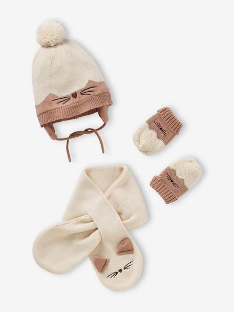 Bebé-Accesorios-Gorros, bufandas, guantes-Conjunto para bebé niña de gorro + bufanda + manoplas gato